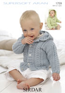 Sirdar 1759 uses Supersoft Aran yarn. Sizes birth to 7 years. Uses #4 weight yarn. Cabled Jackets pattern.